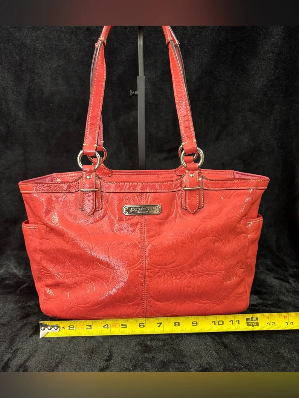 Coach Gallery Tote Coral Pink Signature Embossed Patent Leather F19462